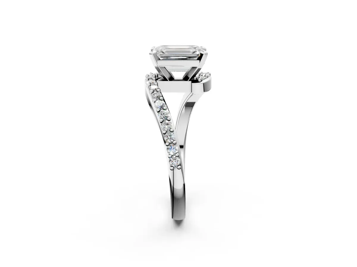 Emerald Cut Solitaire Twist Band with Pave Set Diamonds and Four-Prong Setting Platinum
