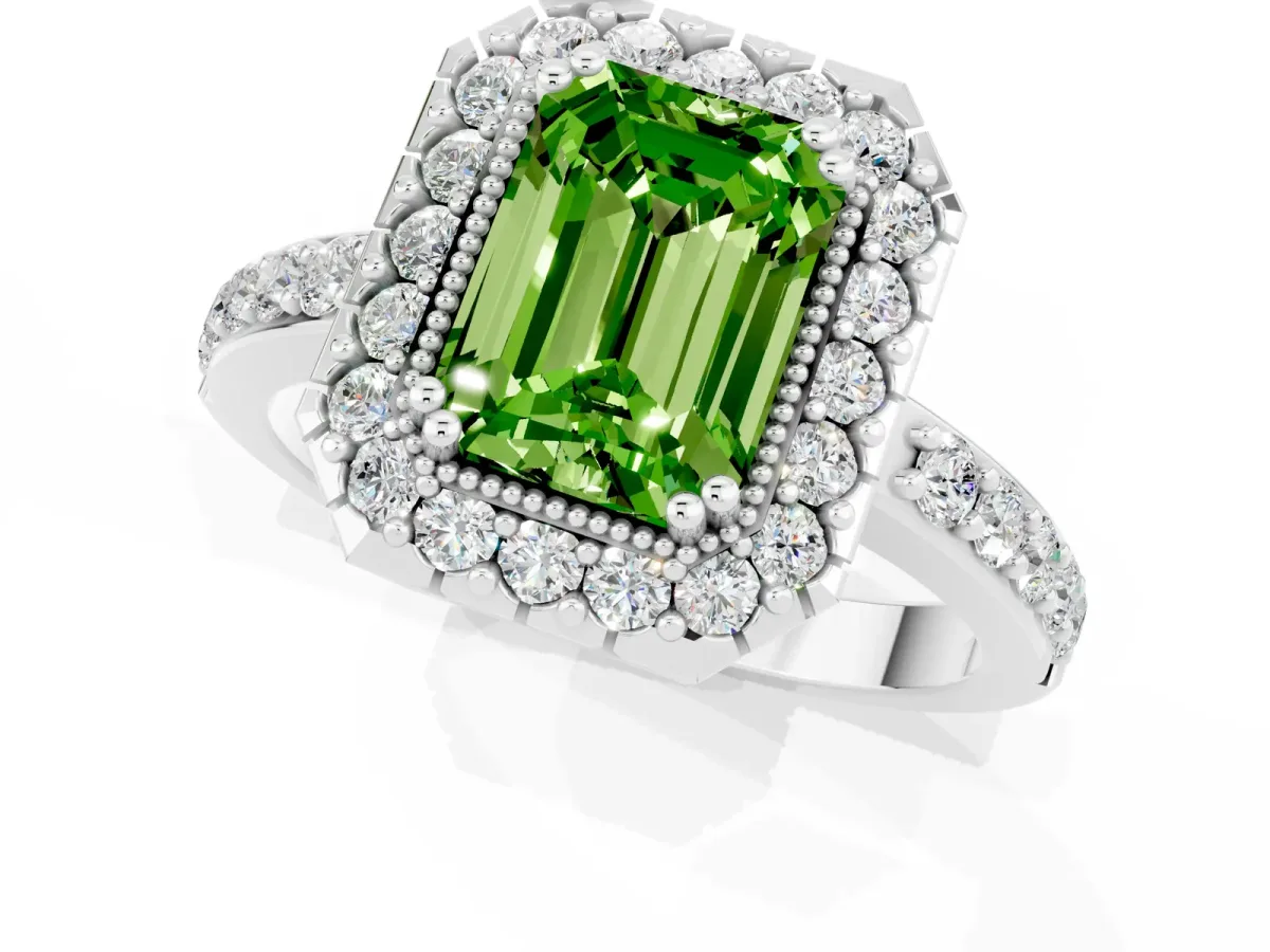 Emerald Cut Peridot Halo Ring with Pavé Band and Prong Setting White gold