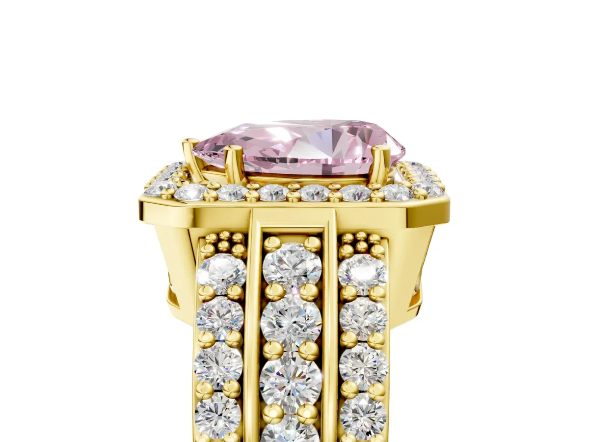 Fancy Pink Pear Cut Halo Diamond Ring with Round Split Shank and Prong Setting Yellow gold