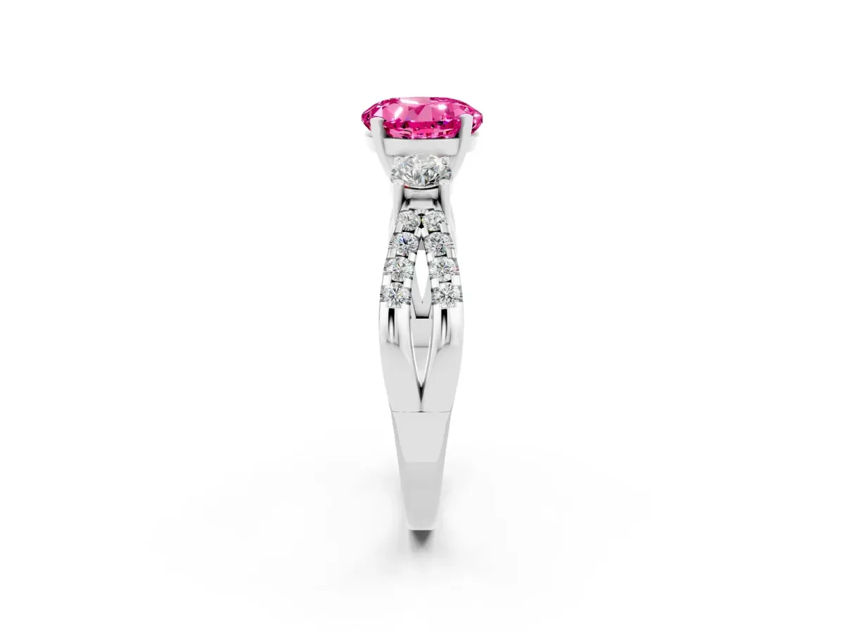 Round Cut Pink Sapphire Three-Stone Ring with Pavé Split Shank and Four-Prong Setting Silver