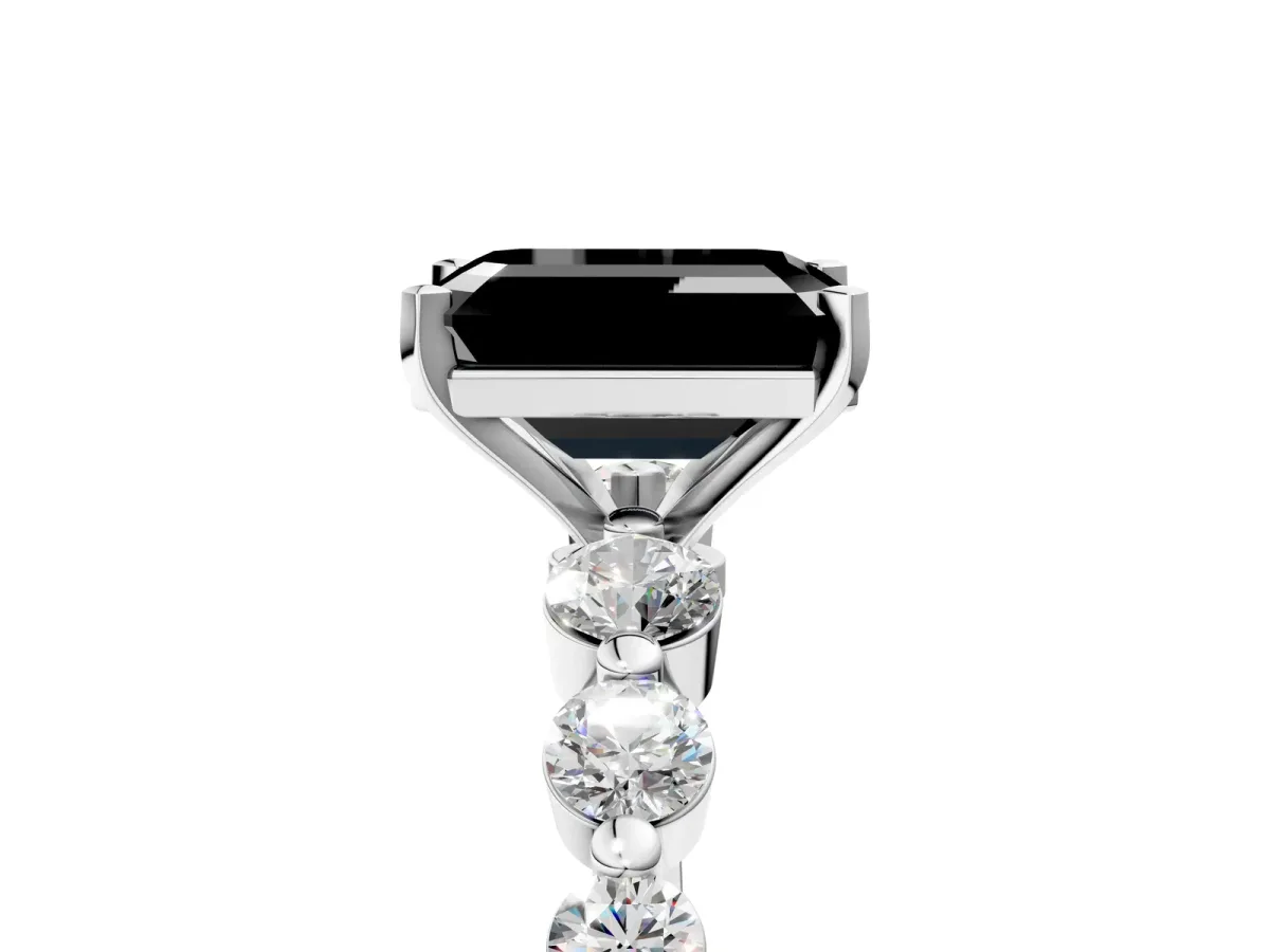 Fancy Black Emerald Cut Solitaire Diamond Ring with Pave Band and Four-Prong Setting Platinum