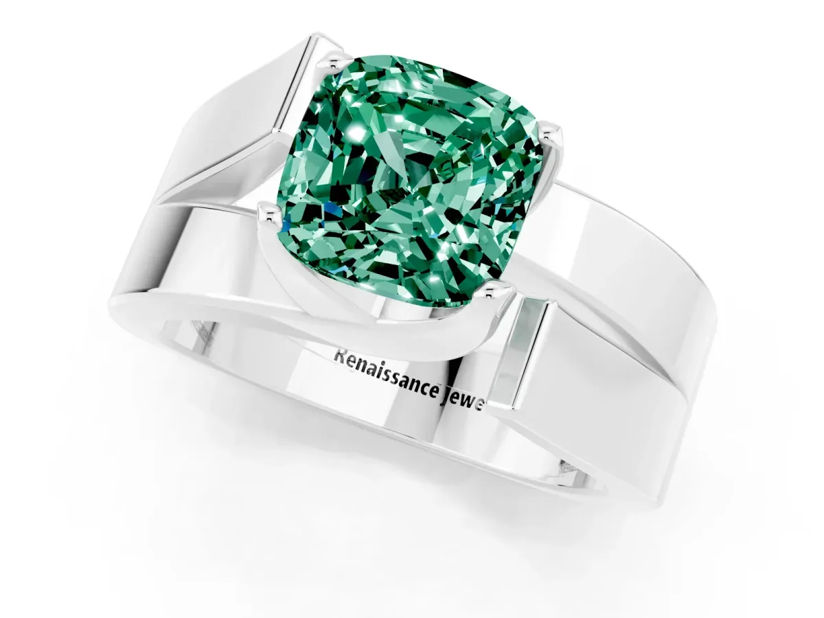 Modern Tension Set Cushion Cut Green Sapphire Solitaire Wide Band Ring Silver