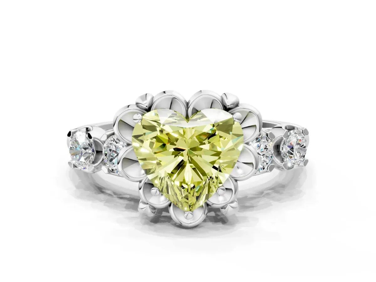 Fancy Yellow Heart Cut Cut Diamond Floral Halo Engagement Ring with Shared Prong Setting Silver