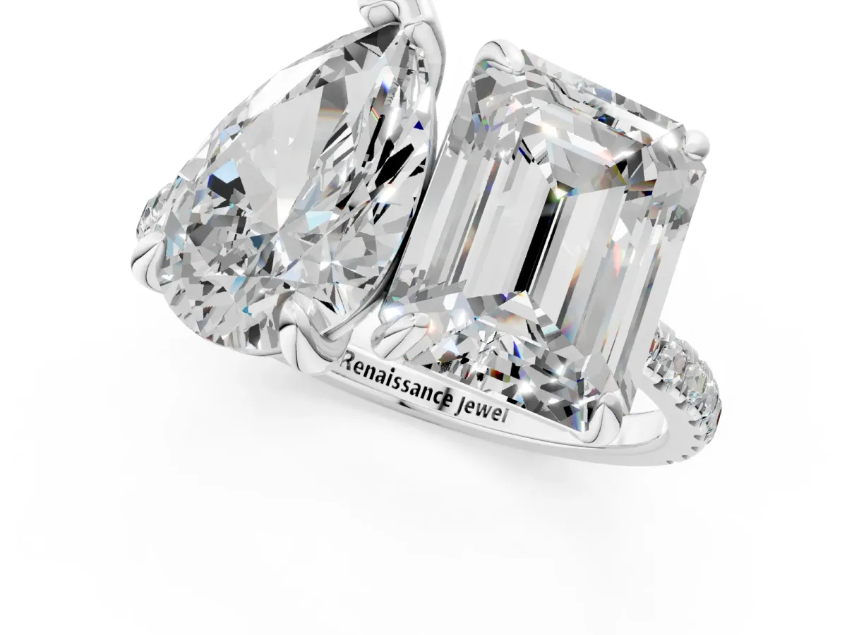 Pear and Radiant Toi Moi Ring with Prong Setting and Pave Band Platinum