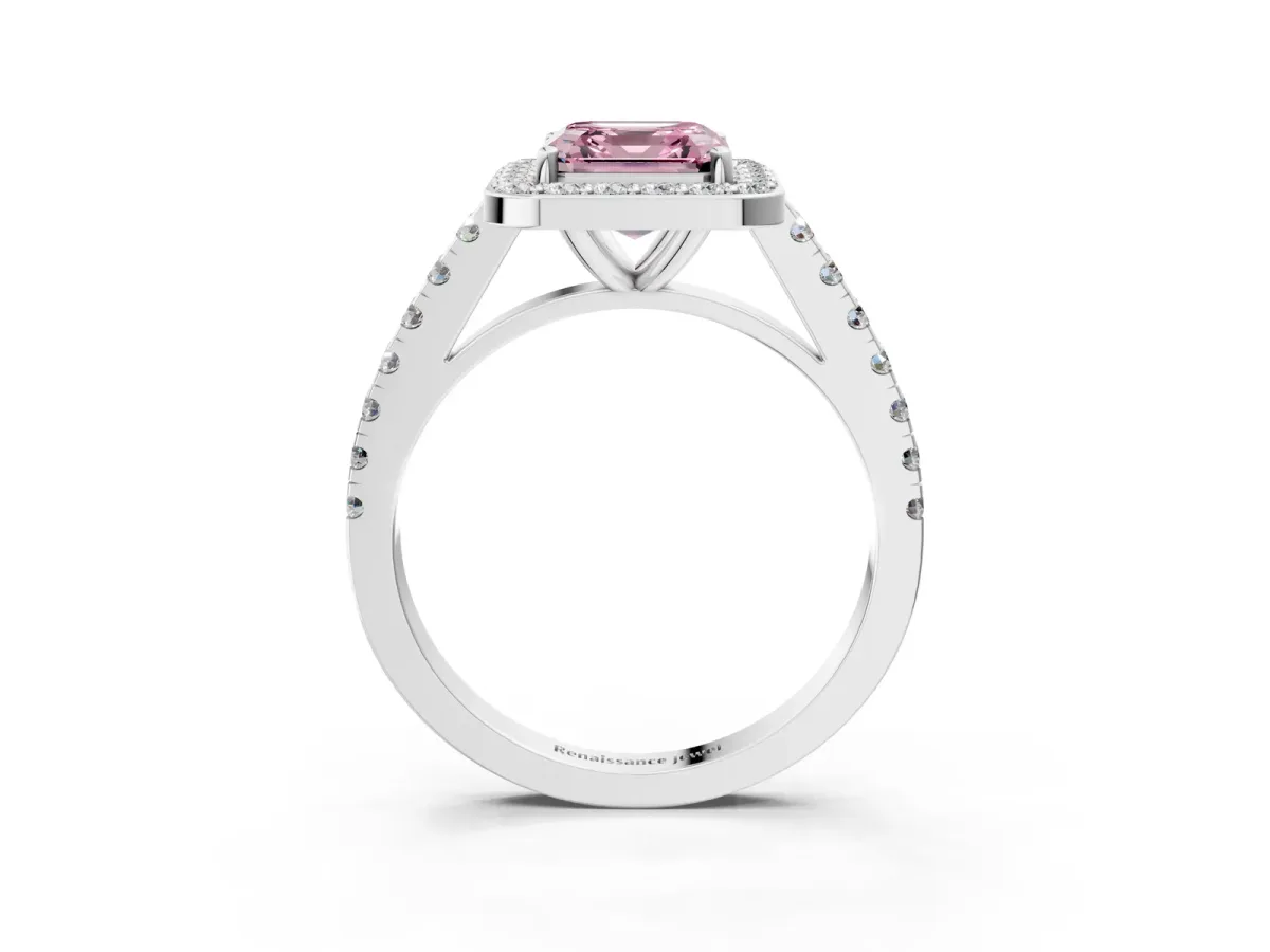 Fancy Pink Asscher Cut Diamond Halo Ring with Round Pavé Split Shank and Prong Setting Platinum