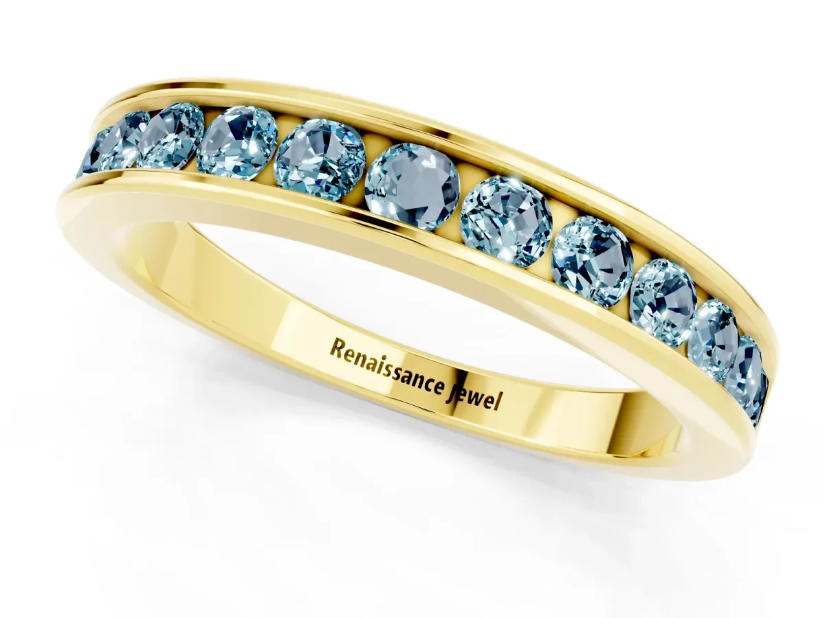 Channel Set Round Aquamarine Eternity Band Yellow gold