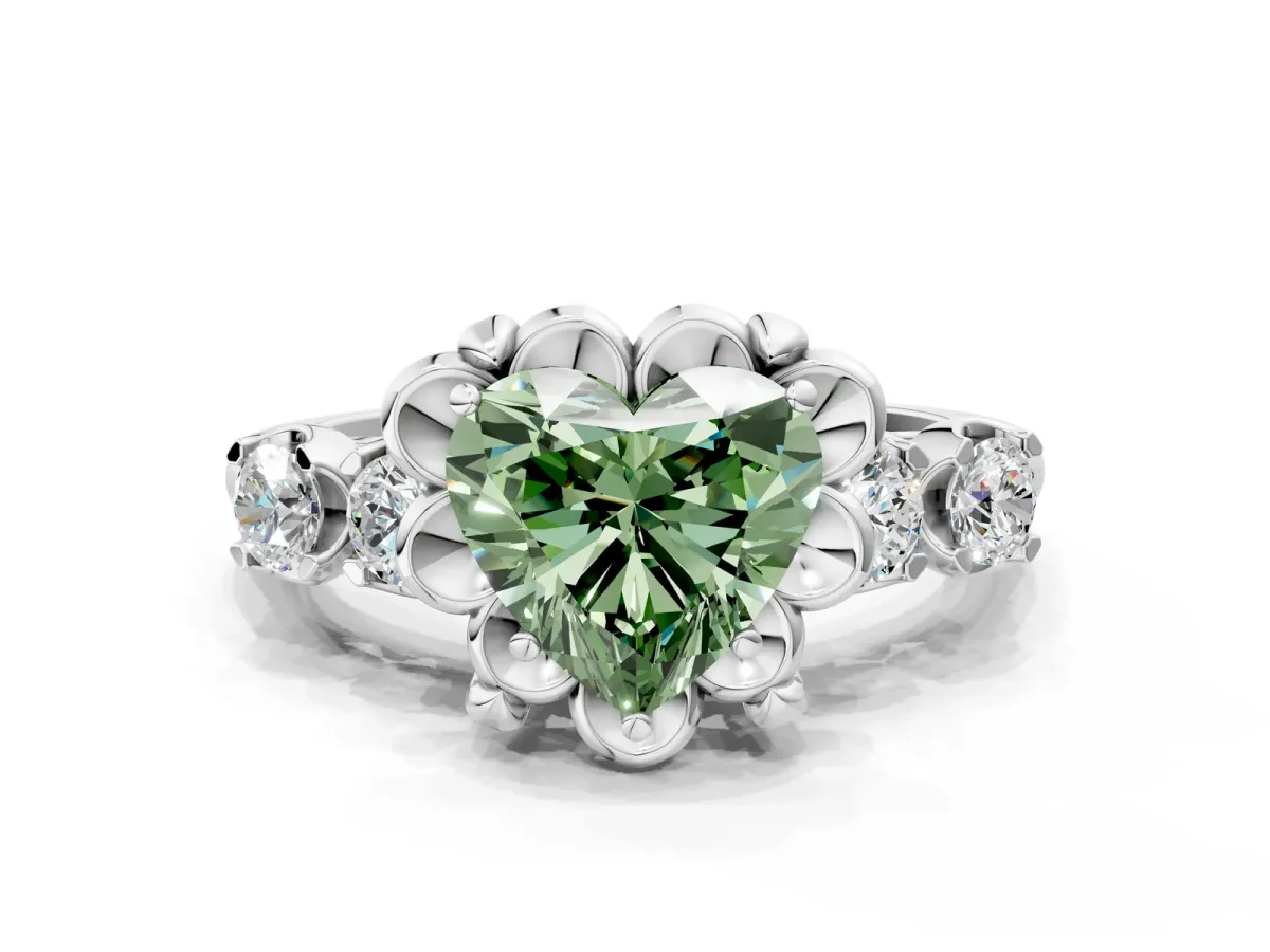 Fancy Green Heart Cut Cut Diamond Floral Halo Engagement Ring with Shared Prong Setting Silver