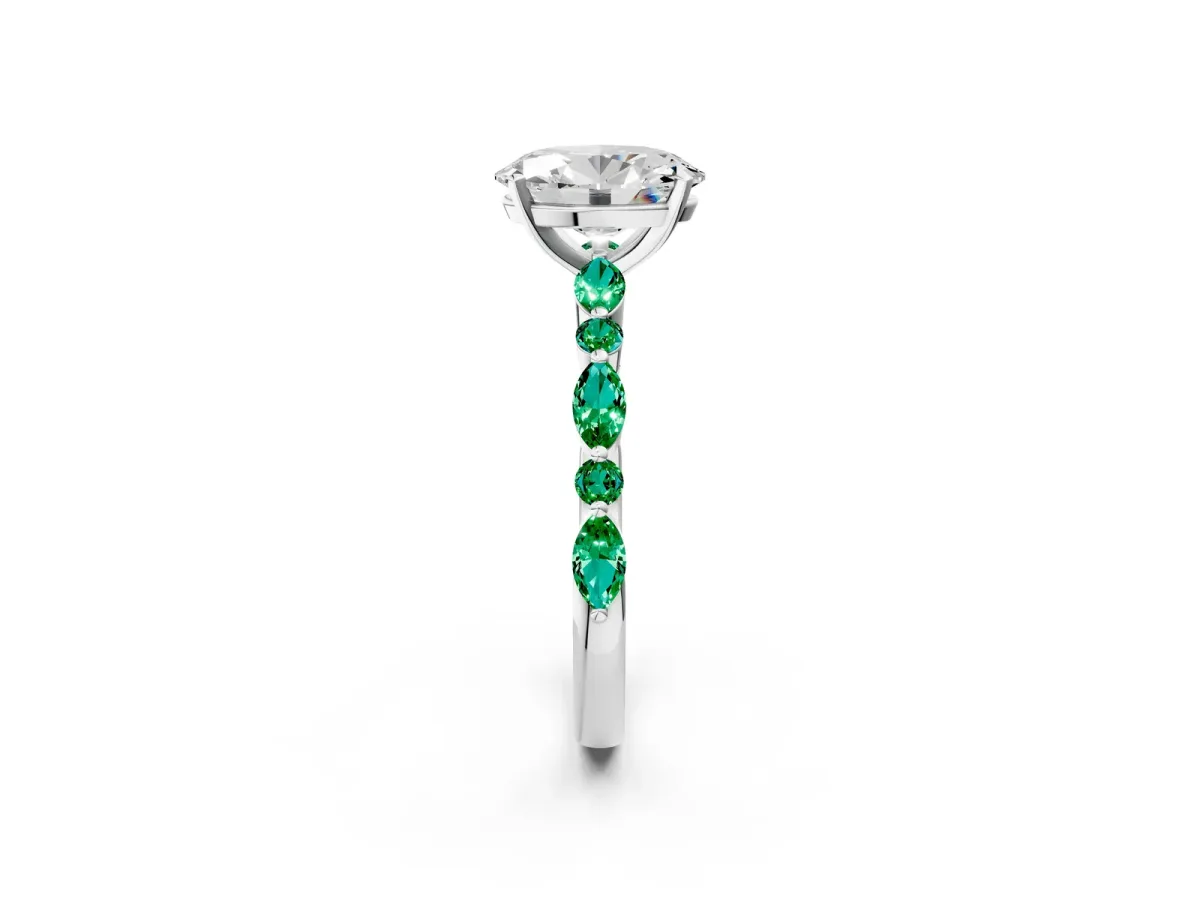 Oval Cut Diamond Ring with Marquise and Round Emerald Side Stones and Four-Prong Setting Silver
