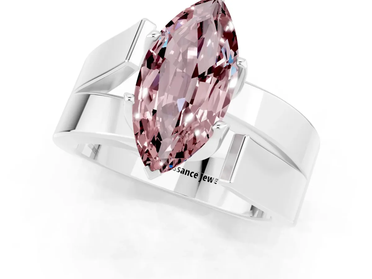 Modern Tension Set Marquise Cut Morganite Solitaire Wide Band Ring Silver