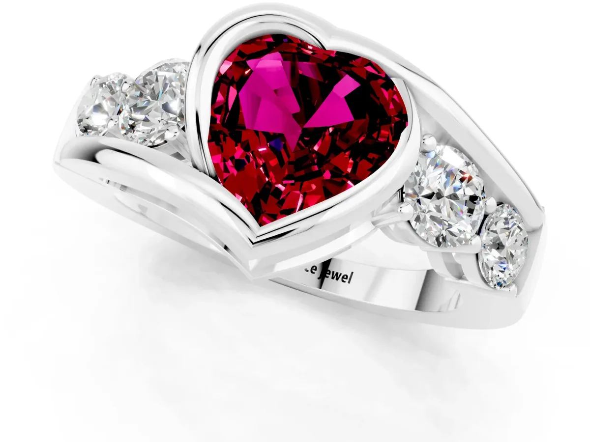 Bezel Set Heart Cut Garnet Bypass Ring with Round Accents Platinum