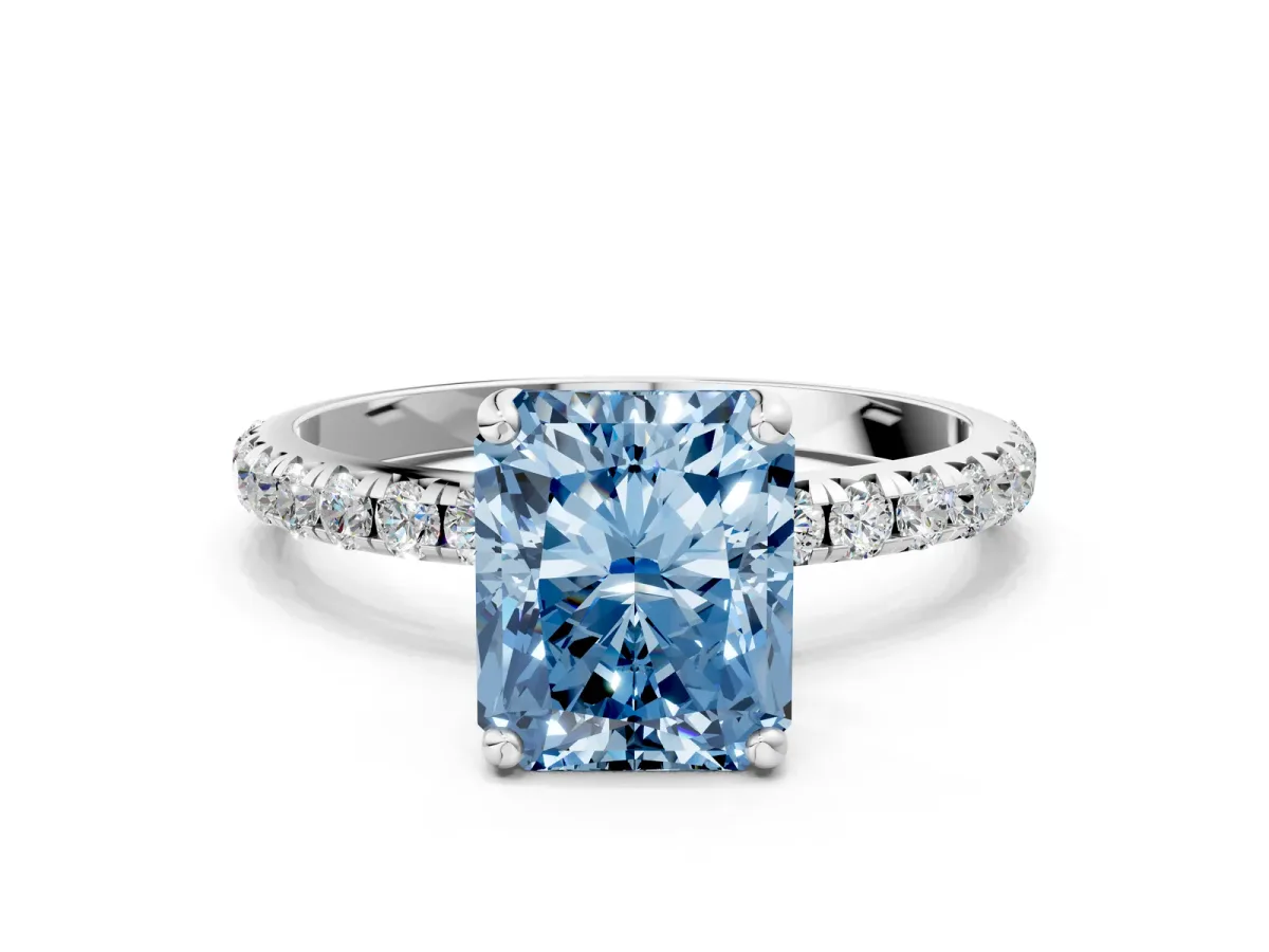 Fancy Blue Radiant Cut Cut Diamond Solitaire Ring with Micro Pave Band and Four Prong Setting Platinum