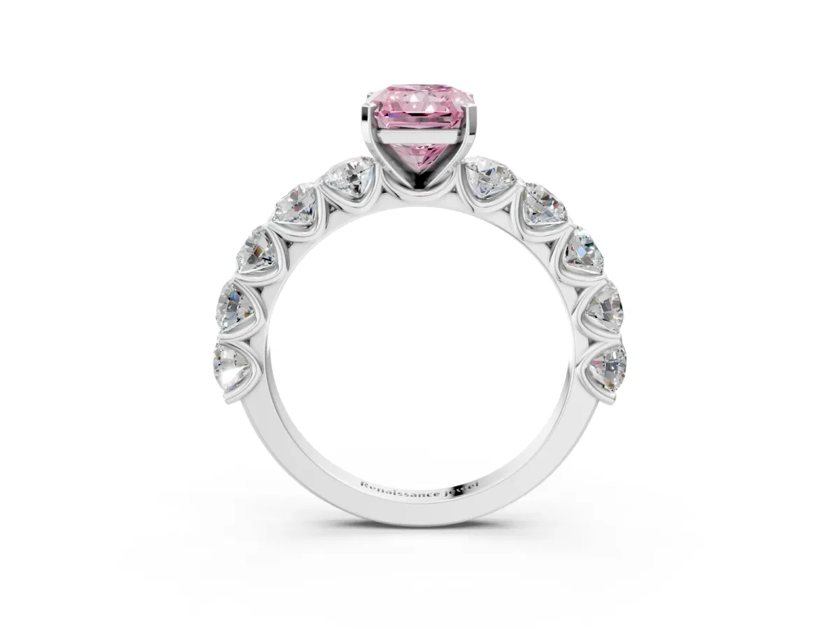 Fancy Pink Radiant Cut Diamond Prong Setting with Side Stones on a Pave Band Silver