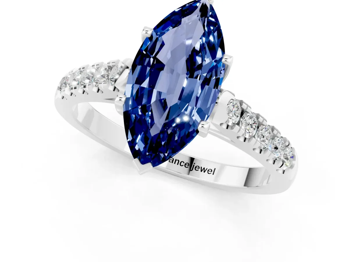 Marquise Cut Blue Sapphire Pavé Band Solitaire Ring with Prong Setting Silver