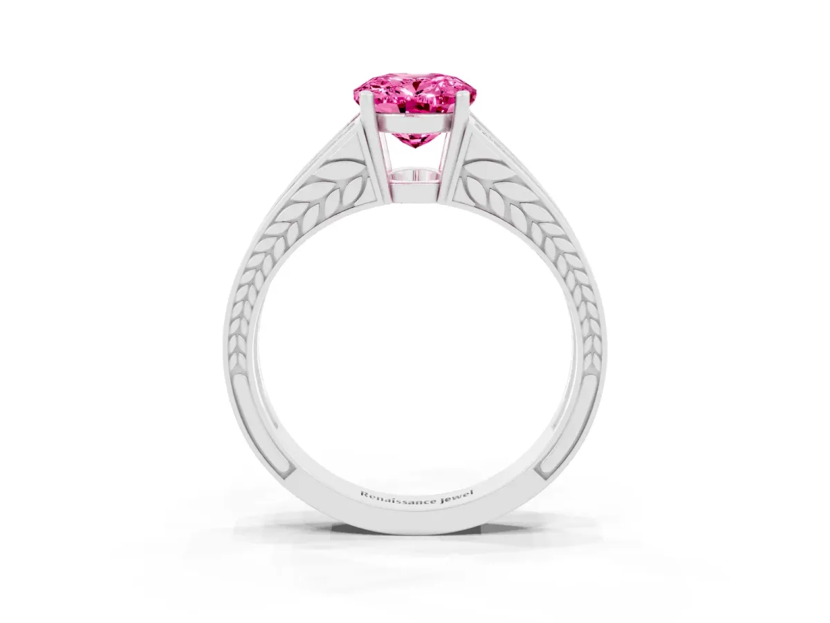 Oval Cut Pink Sapphire Split Shank Ring with Pavé Band and Four-Prong Setting White gold