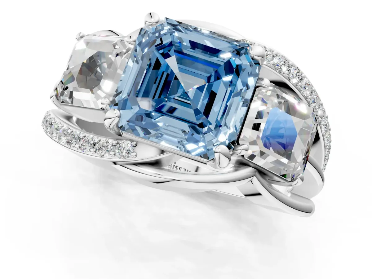 Fancy Blue Three-Stone Asscher Cut Cut Diamond Split Shank Prong Set Ring Platinum