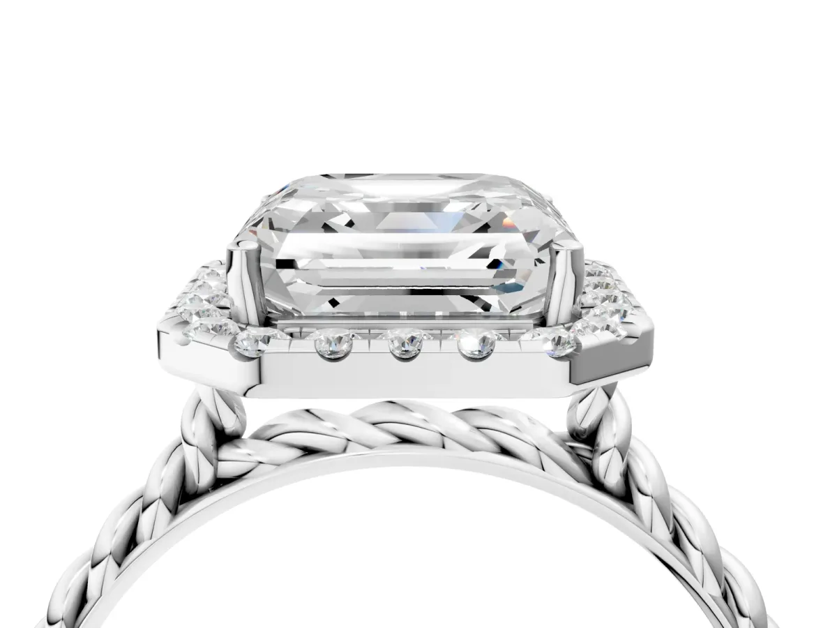 Asscher Cut Halo Twisted Band Four-Prong Diamond Ring Platinum