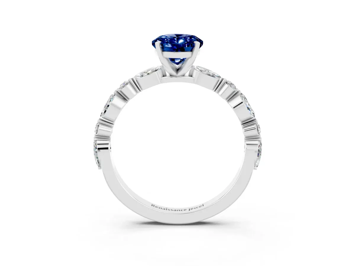 Oval Cut Blue Sapphire Ring with Marquise and Round Side Stones and Four-Prong Setting Silver