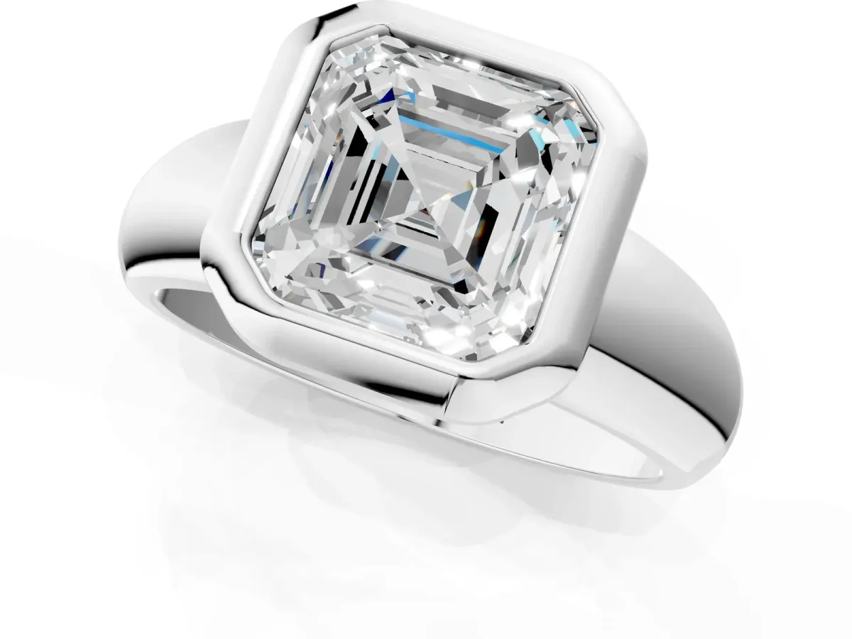 Bezel Set Asscher Cut Solitaire Ring with Wide Band Platinum