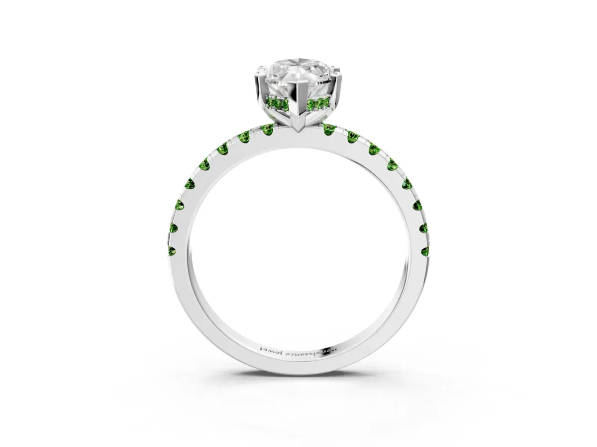 Marquise Cut Diamond Solitaire Ring with Round Peridot Pavé Band and Four-Prong Setting Silver