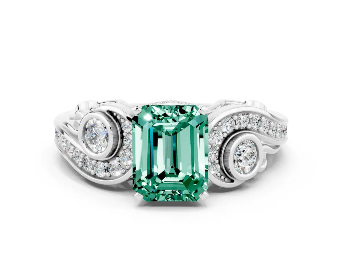 Emerald Cut Green Sapphire Solitaire Ring with Milgrain Pavé Band and Four-Prong Setting Silver
