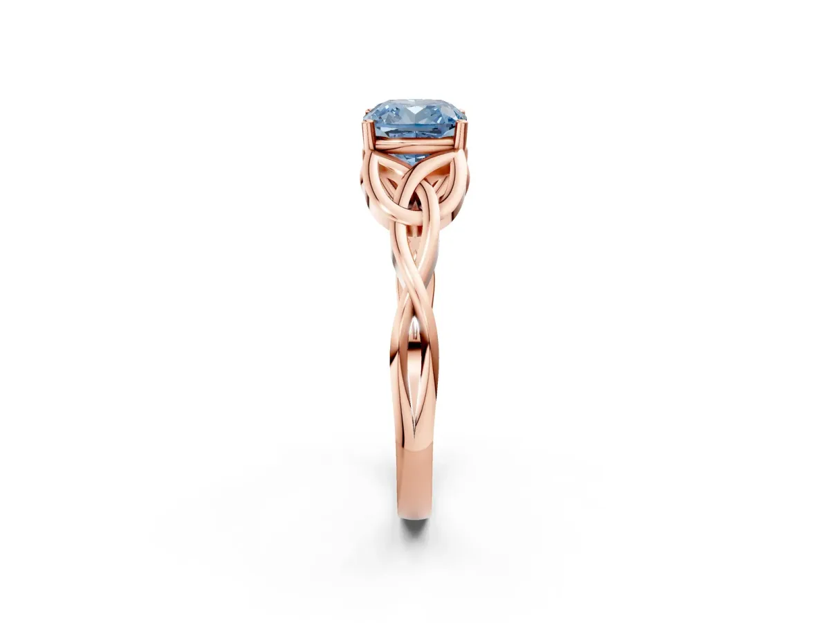 Fancy Blue Cushion Cut Diamond Solitaire Celtic Knot Ring with Four-Prong Setting Rose gold
