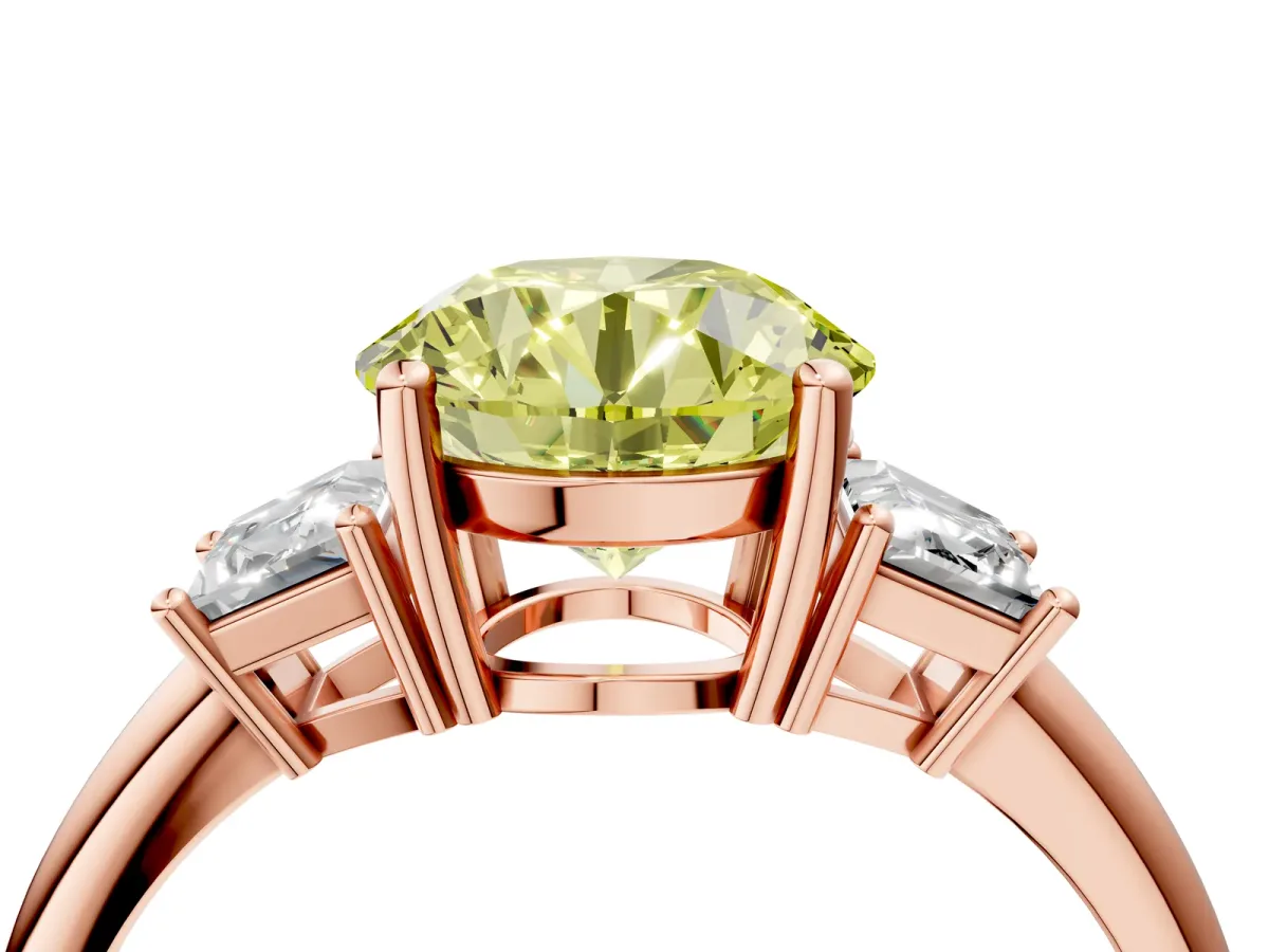 Fancy Yellow Round Cut Diamond Three-Stone Ring with Trapezoid Side Stones and Prong Setting Rose gold