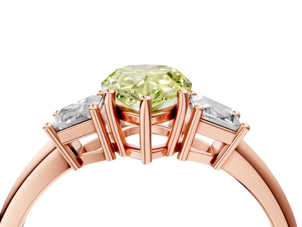 Fancy Yellow Pear Cut Diamond Three-Stone Ring with Trapezoid Side Stones and Prong Setting Rose gold