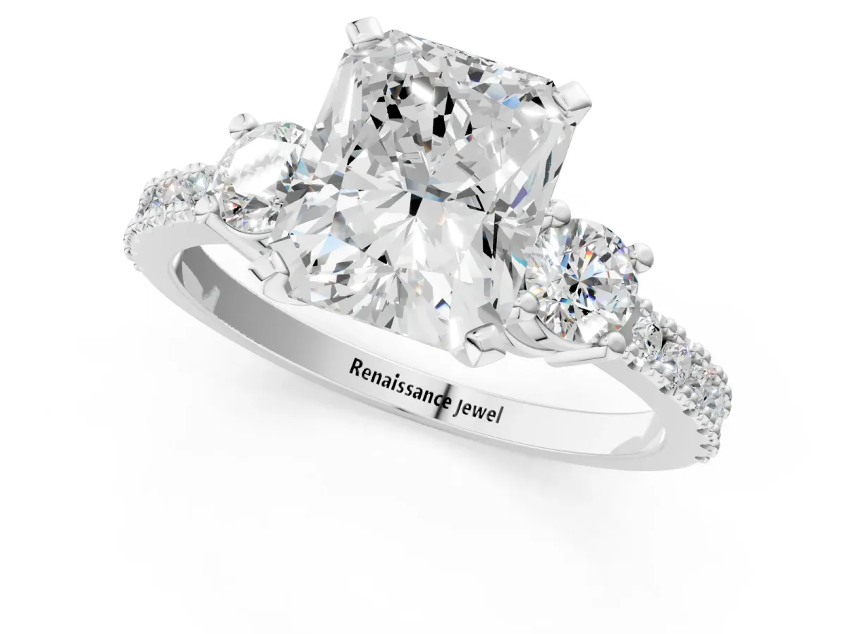 Radiant Cut Cut Three-Stone Diamond Pavé Band with Prong Setting Platinum