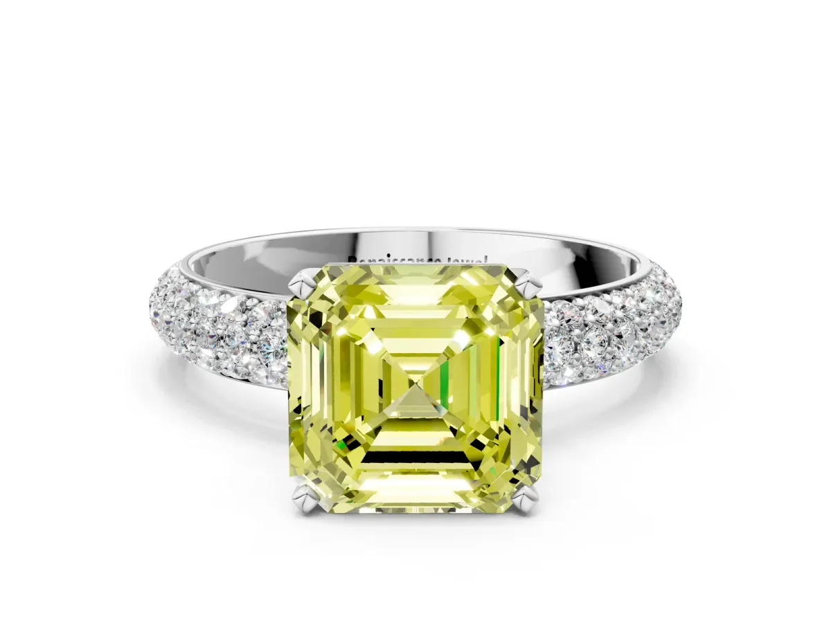 Fancy Yellow Asscher Cut Diamond Solitaire Ring with Prong Setting and Pavé Band Platinum