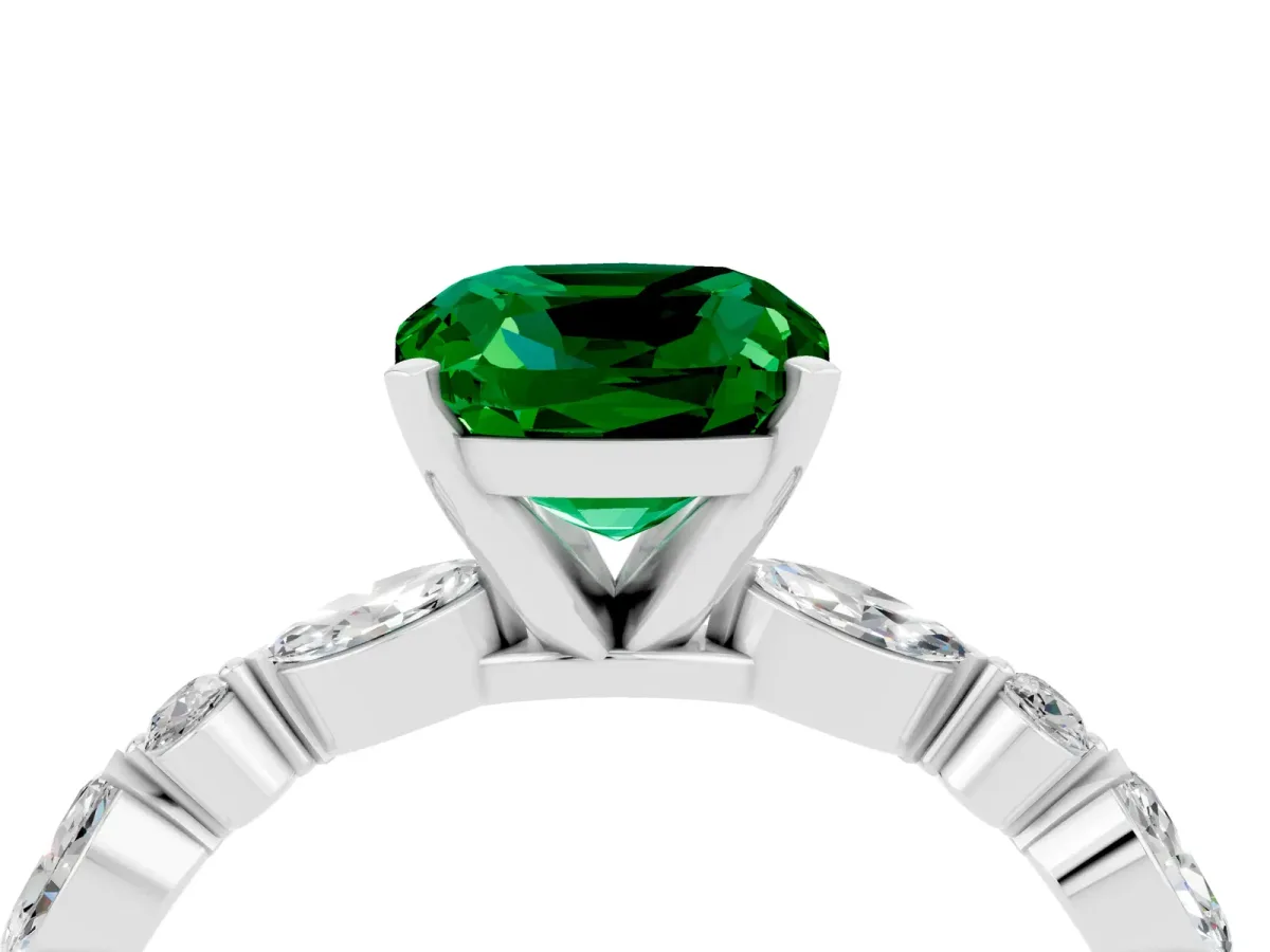 Cushion Cut Emerald Ring with Marquise and Round Side Stones and Four-Prong Setting Silver