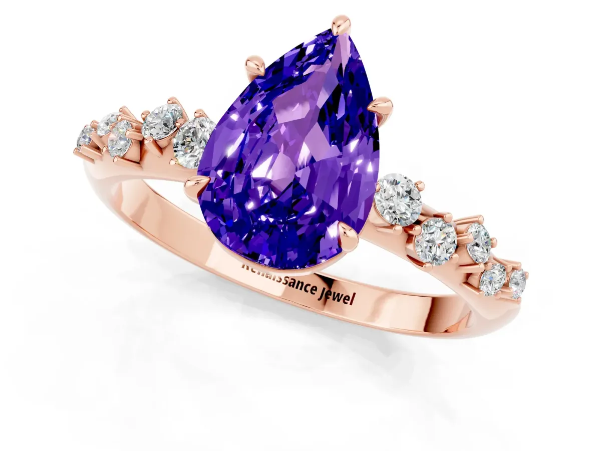 Pear Cut Tanzanite Cluster Side Stone Solitaire Ring with Prong Setting Rose gold