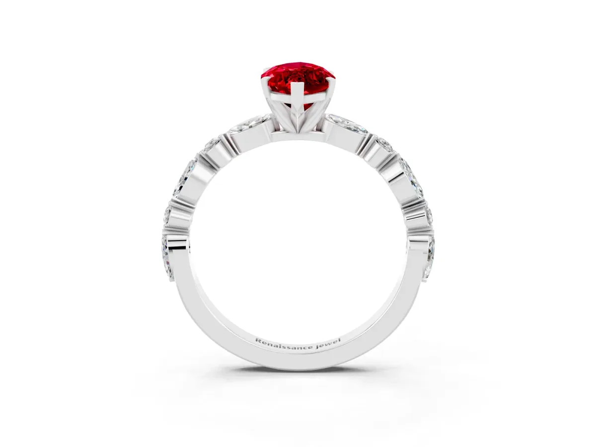 Marquise Cut Ruby Ring with Marquise and Round Side Stones and Four-Prong Setting Platinum