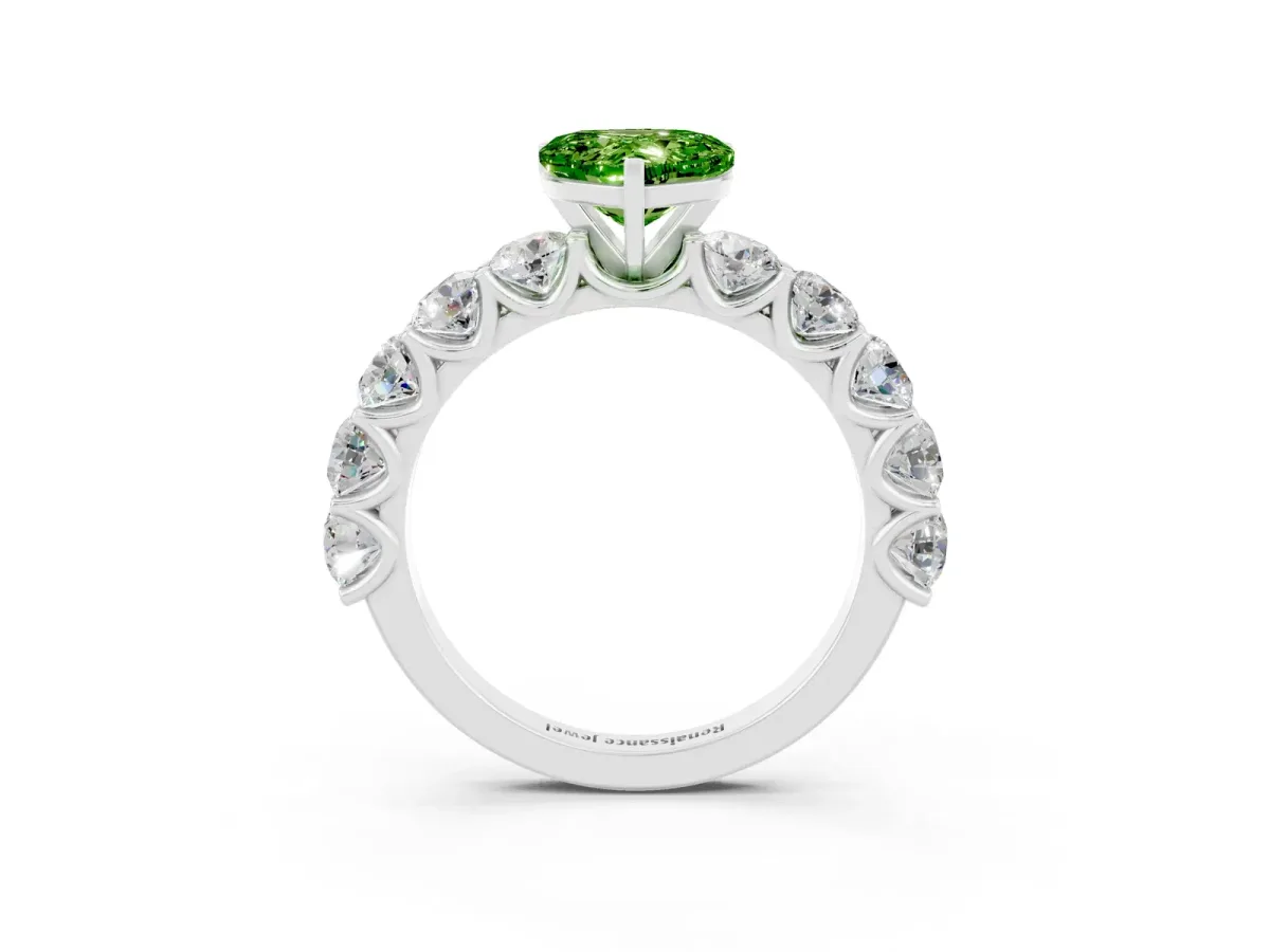 Heart Cut Peridot Prong Setting with Side Stones on a Pave Band Silver