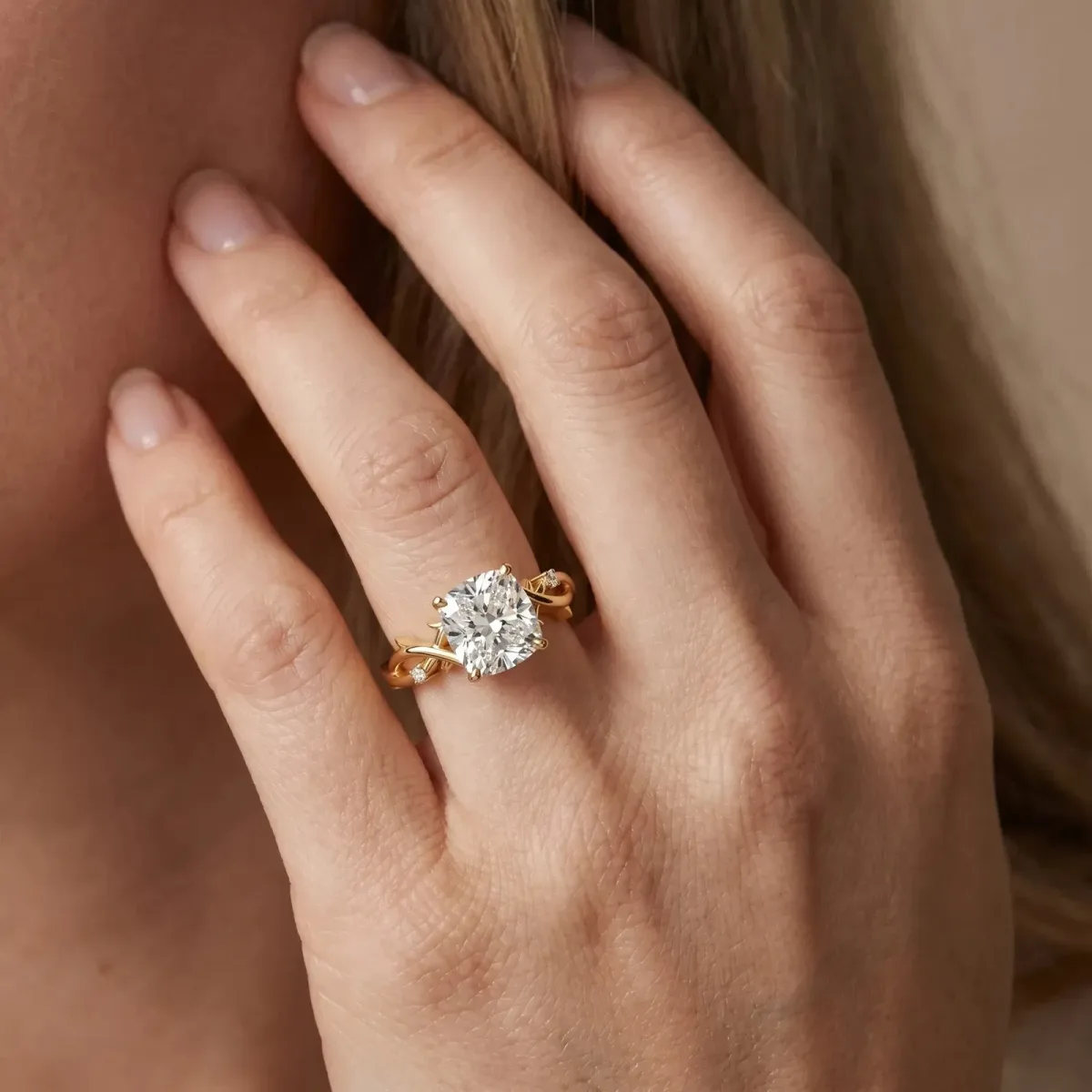 Cushion Cut Diamond Solitaire Ring with Twisted Band and Prong Setting Yellow gold