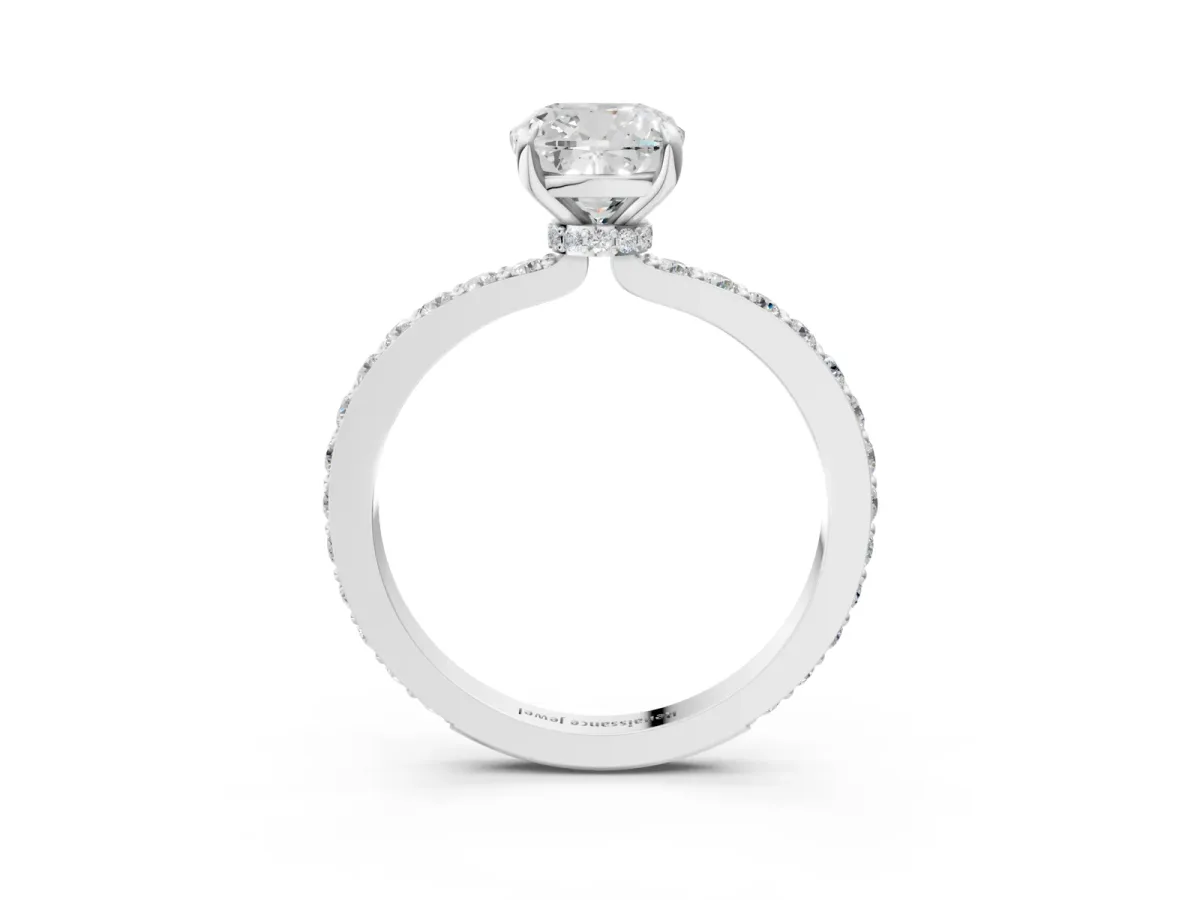 Cushion Cut Diamond Solitaire Engagement Ring with Pavé Band and Four-Prong Setting Silver