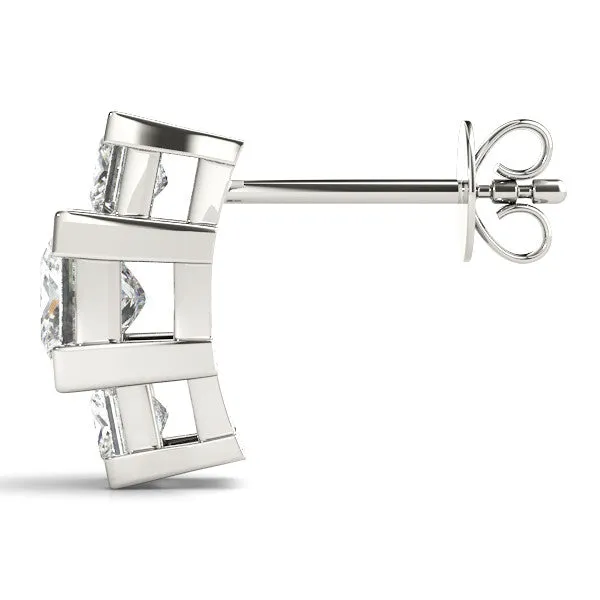 Three-Stone Princess Cut Channel Set Earrings with Bar Prong Setting Silver