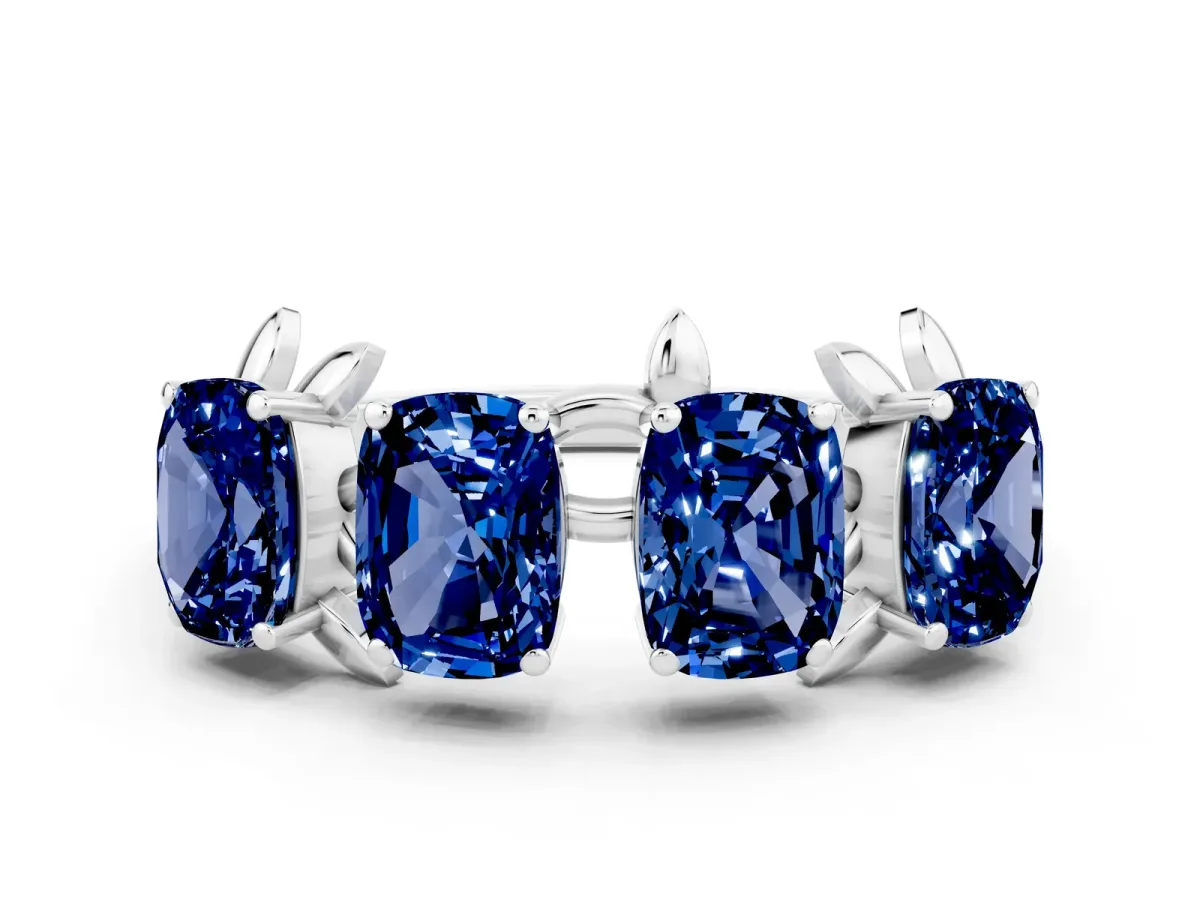 Emerald Cut Blue Sapphire Prong-Set Half Eternity Band White gold