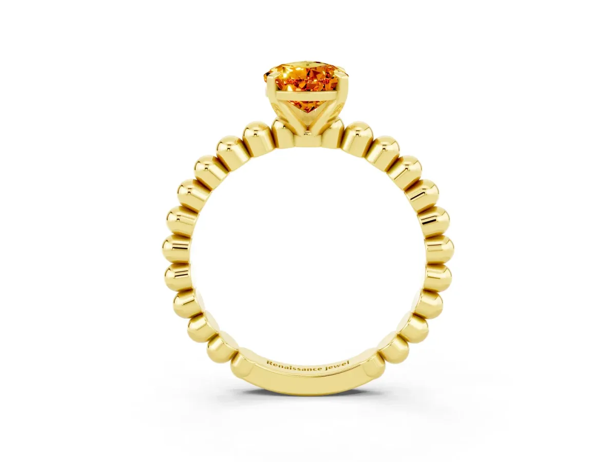 Pear Cut Citrine Solitaire Ring with Beaded Band and Prong Setting Yellow gold