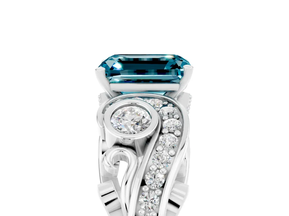 Emerald Cut Blue Topaz Solitaire Ring with Milgrain Pavé Band and Four-Prong Setting Silver