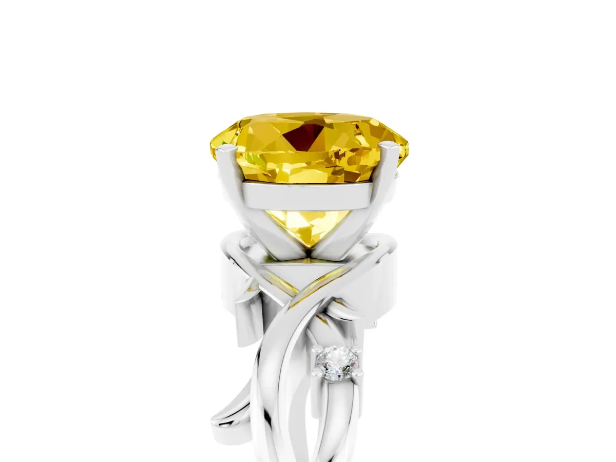 Round Cut Yellow Sapphire Solitaire Ring with Twisted Band and Prong Setting Silver