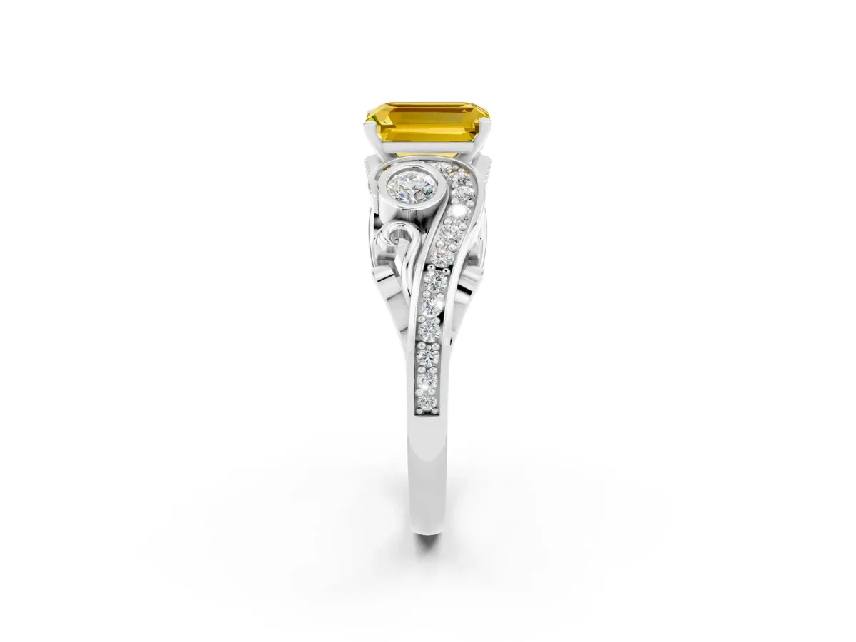Emerald Cut Yellow Sapphire Solitaire Ring with Milgrain Pavé Band and Four-Prong Setting Silver