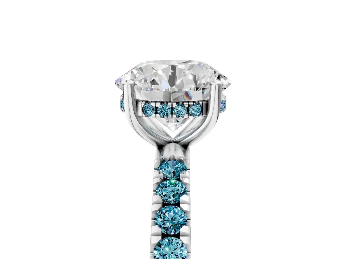 Round Cut Diamond Pave Band Solitaire Ring with Round Blue Topaz and Prong Setting Silver