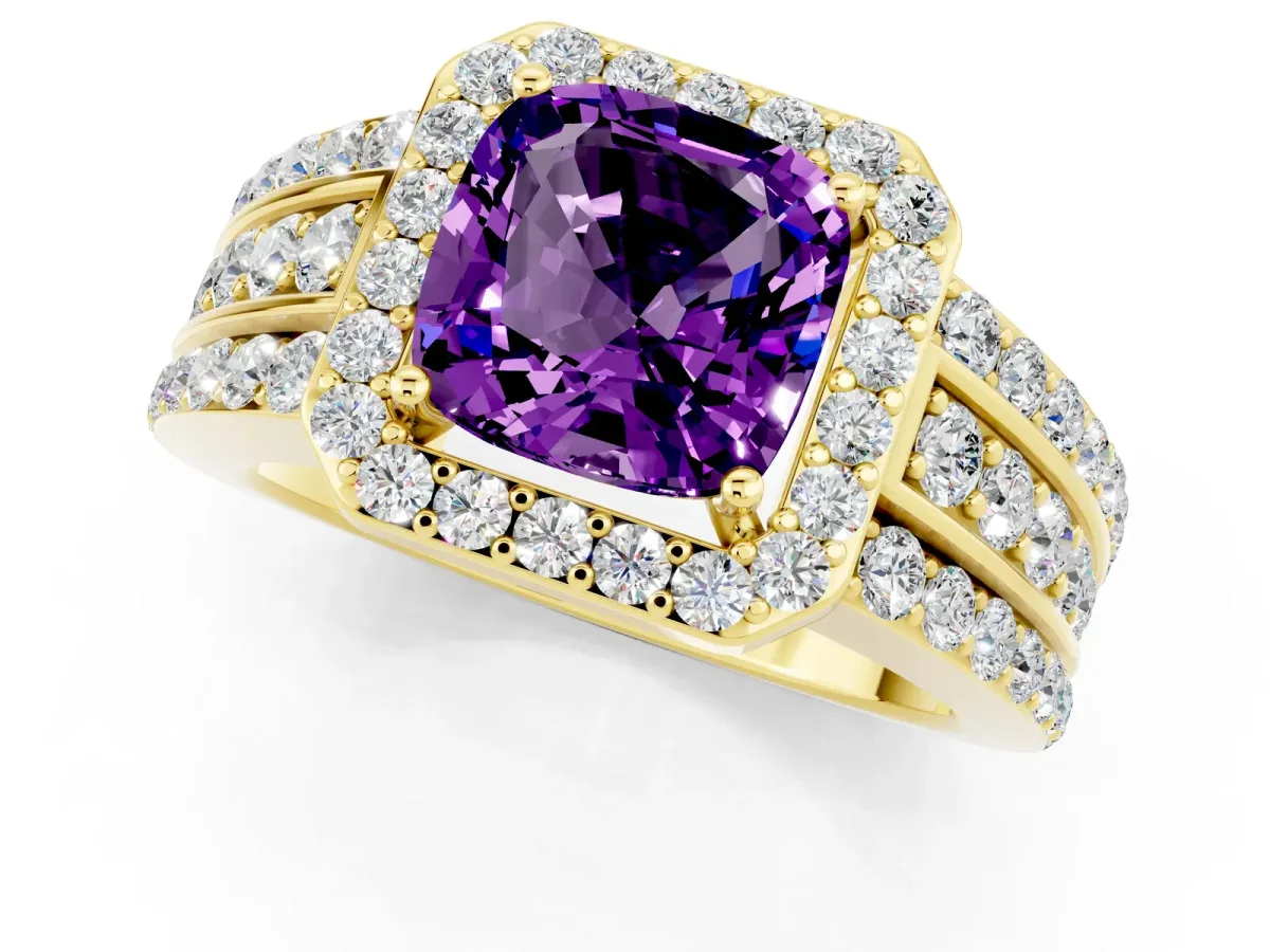 Cushion Cut Halo Amethyst Ring with Round Split Shank and Prong Setting Yellow gold
