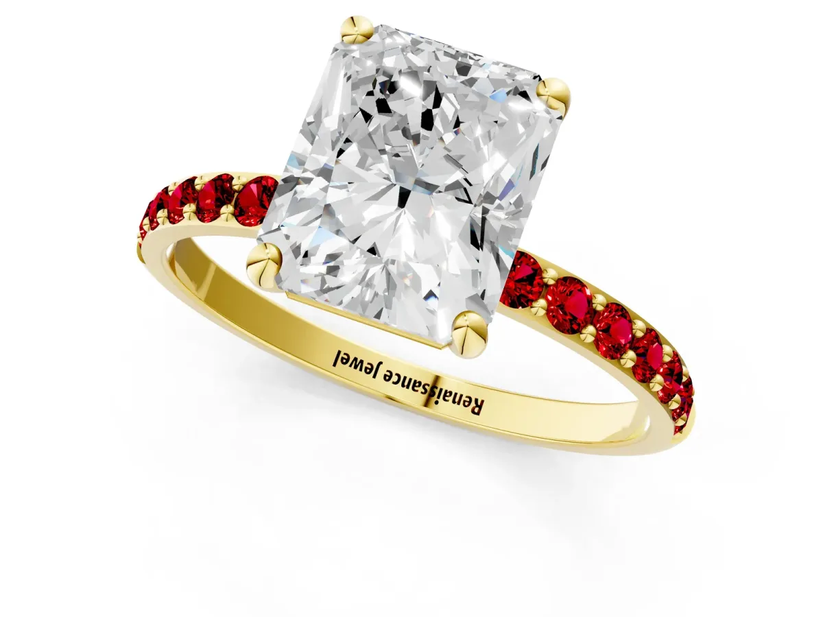 Radiant Cut Diamond Solitaire Ring with Round Ruby Pavé Band and Prong Setting Yellow gold