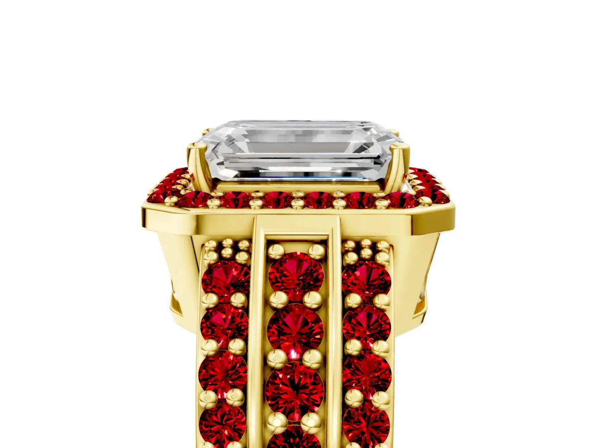 Emerald Cut Halo Diamond Ring with Round Ruby Split Shank and Prong Setting Yellow gold