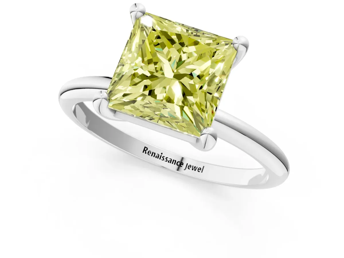 Fancy Yellow Princess Cut Solitaire Diamond Ring with 4-Prong Setting on a Classic Band Silver