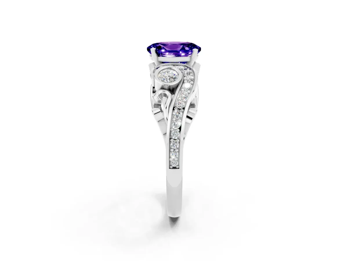 Oval Cut Tanzanite Solitaire Ring with Milgrain Pavé Band and Four-Prong Setting Silver