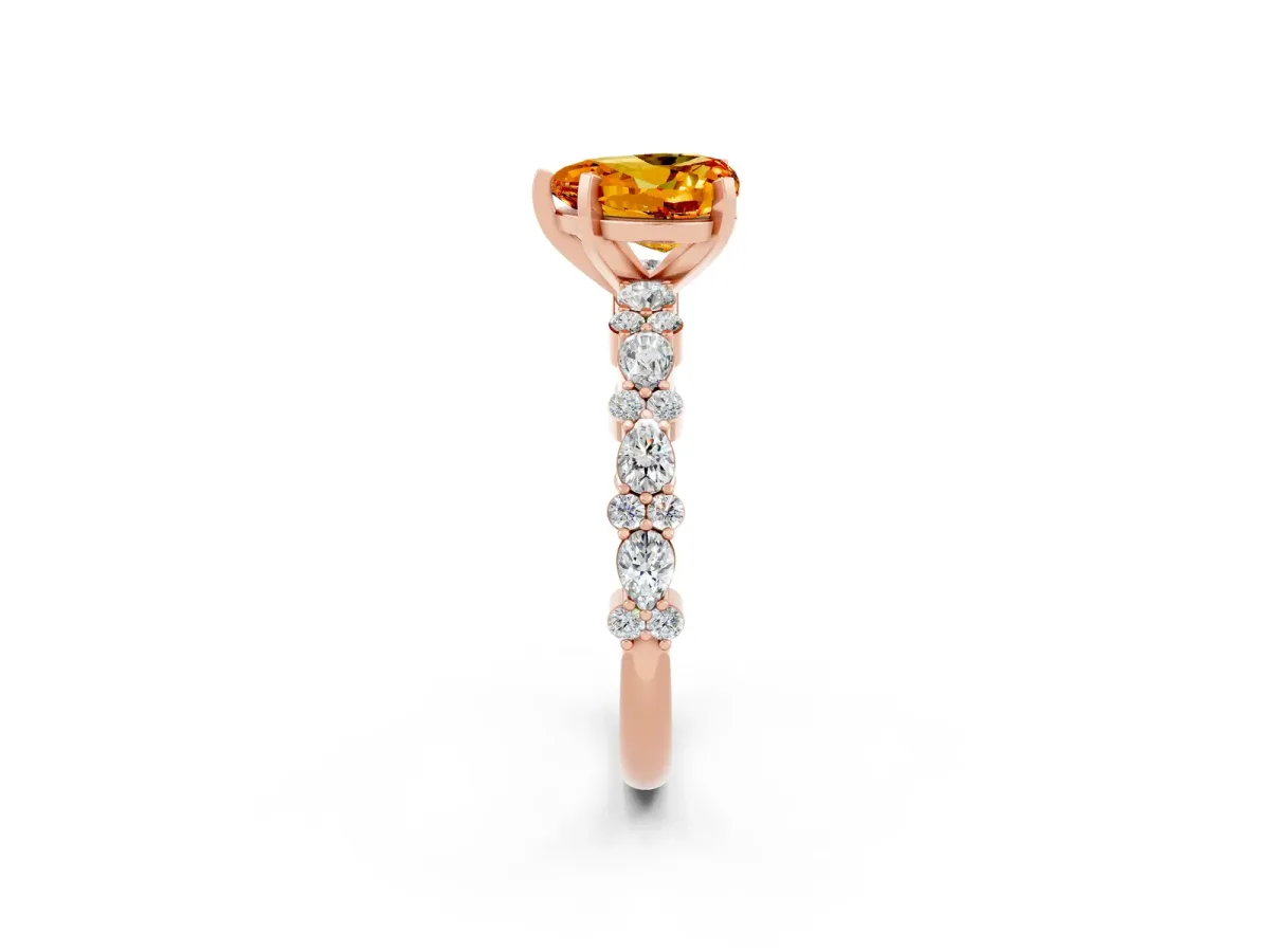 Heart Cut Citrine Side Stone Solitaire Ring with Round and Four-Prong Setting Rose gold