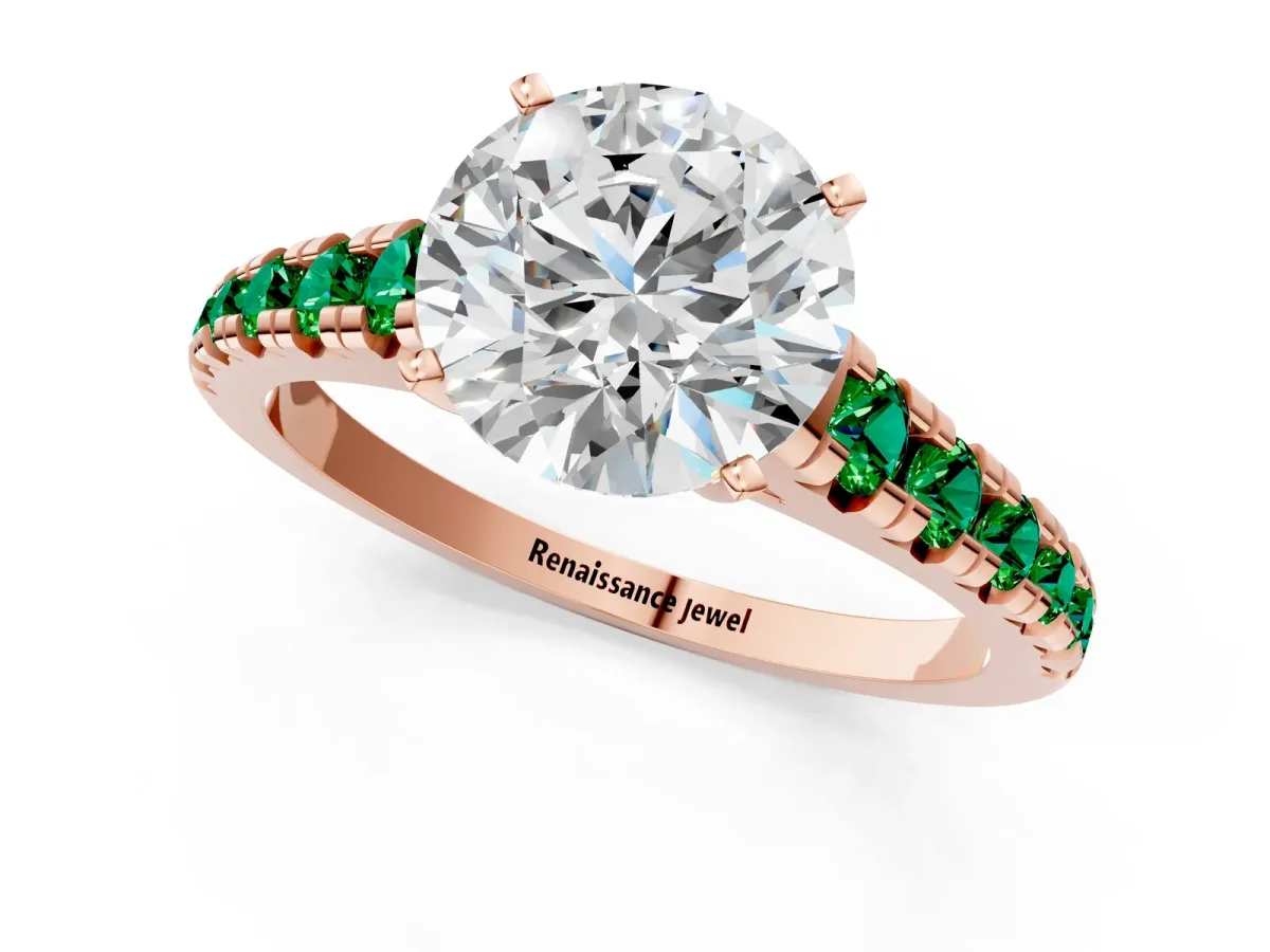 Round Cut Diamond Cathedral Solitaire Ring with Round Emerald Pavé Band Rose gold