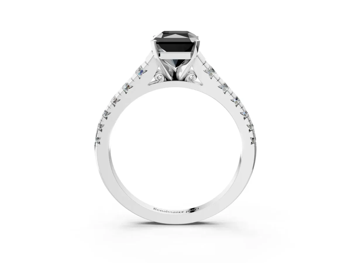 Fancy Black Radiant Cut Diamond Cathedral Solitaire Ring with Round Pavé Band Silver
